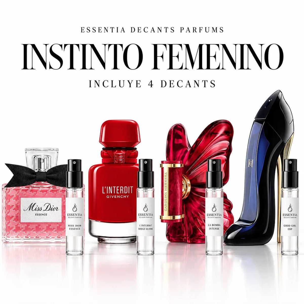 Combo Instinto Femenino con 4 decants femeninos Miss Dior Essence, L’Interdit Rouge Ultime, La Bomba Intense y Good Girl EDP | ESSENTIA