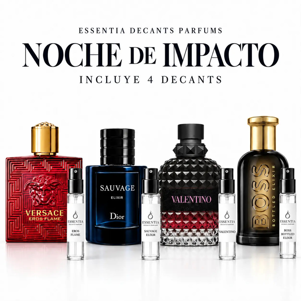 Combo Noche de Impacto con 4 decants masculinos originales: Sauvage Elixir, Boss Bottled Elixir, Valentino Uomo Born in Roma Intense y Eros Flame | ESSENTIA