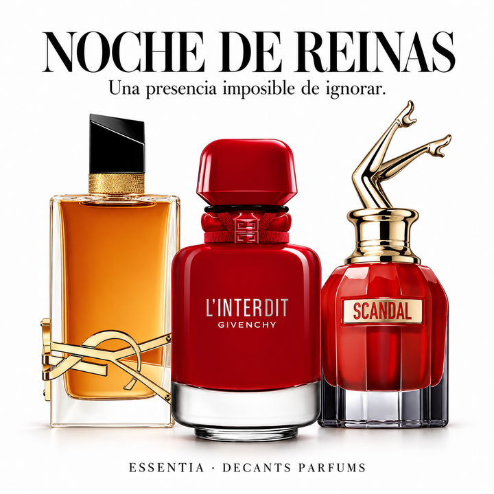 Combo Noche de Reinas ESSENTIA con Libre Intense, L'Interdit Rouge Ultime y Scandal Le Parfum en fondo blanco