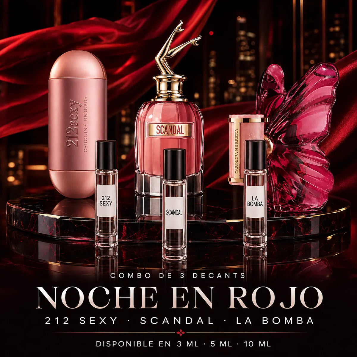 Combo Noche en Rojo: decants de 212 Sexy, Scandal y La Bomba