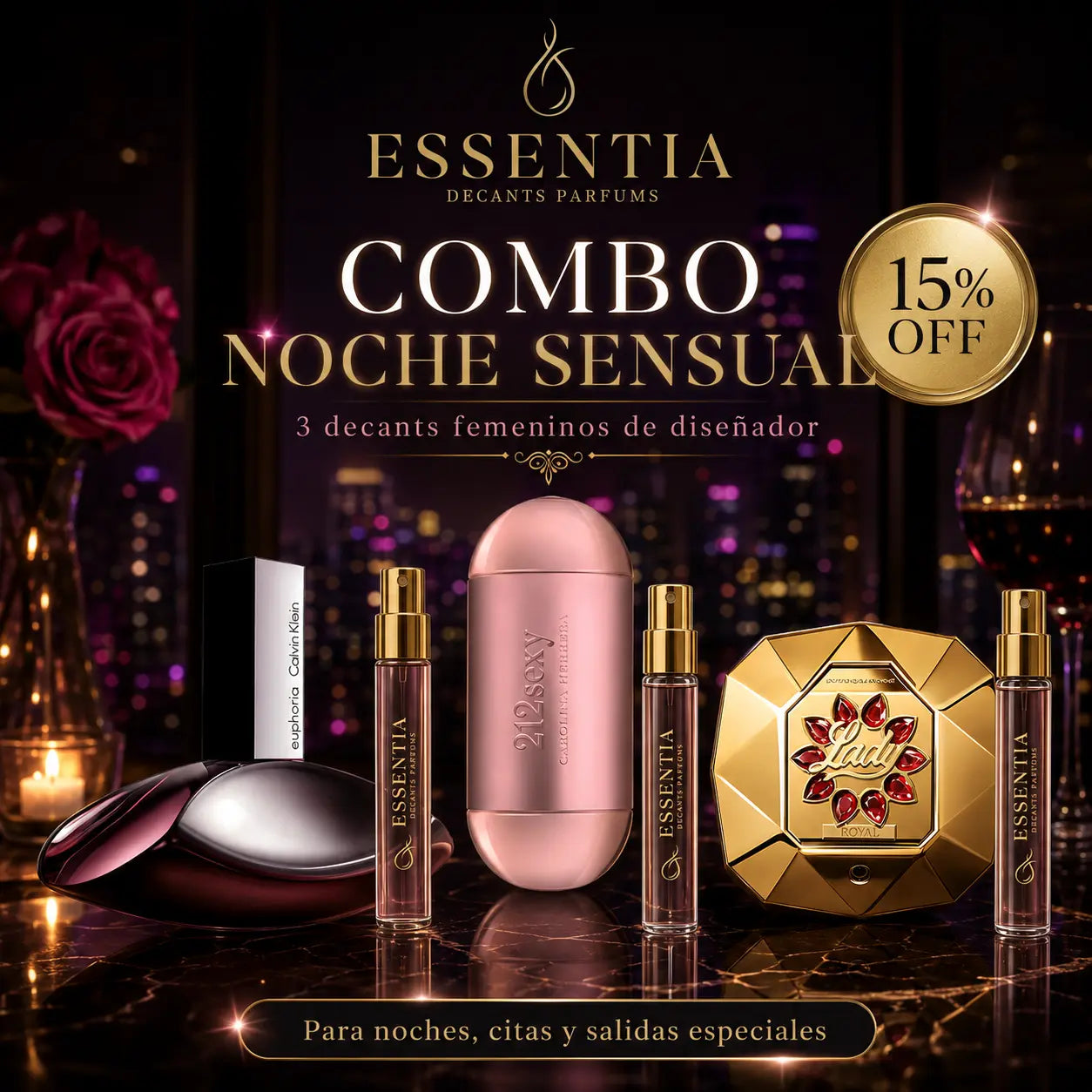 Combo Noche Sensual de decants femeninos de diseñador ESSENTIA con 212 Sexy, Euphoria y Lady Million Royal
