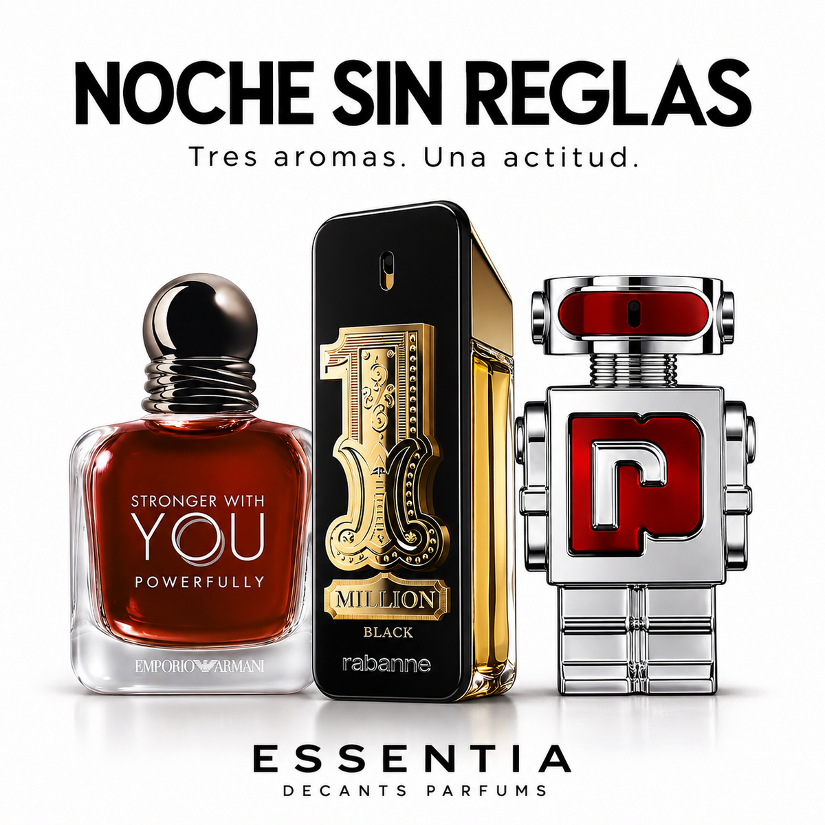 Combo Noche Sin Reglas ESSENTIA con 1 Million Black, Phantom in Red y Stronger With You Powerfully en fondo blanco