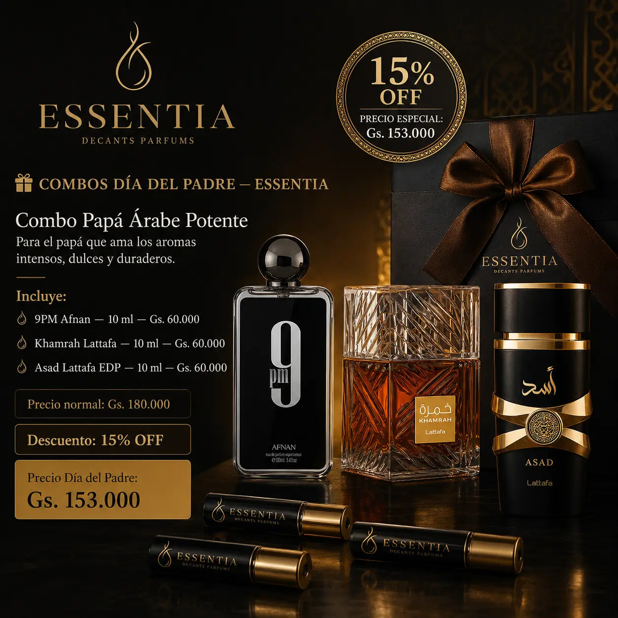 Combo Papá Árabe Potente ESSENTIA con 9PM, Khamrah y Asad en decants originales de 10 mililitros