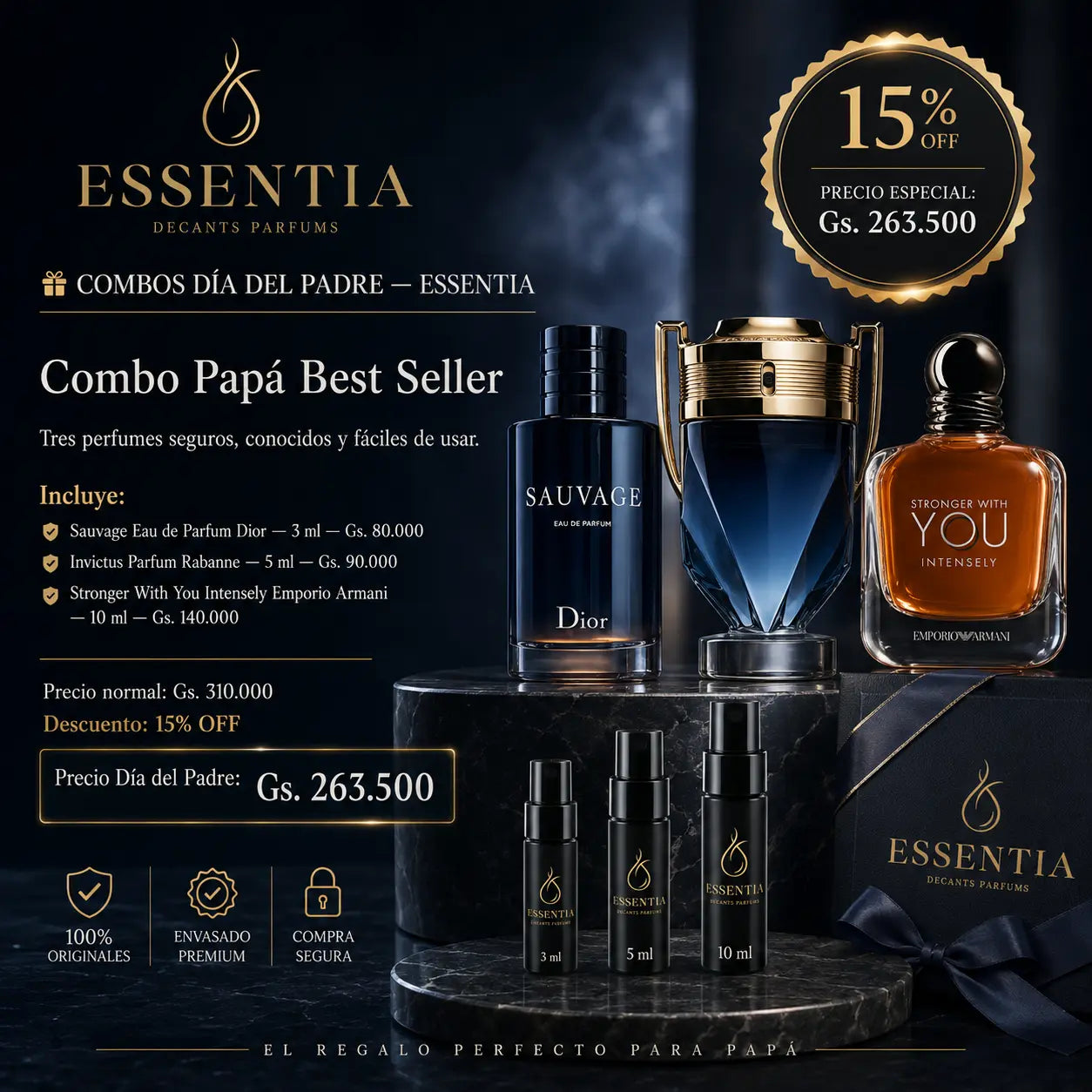 Combo Papá Best Seller ESSENTIA con Sauvage EDP 3 ml, Invictus Parfum 5 ml y Stronger With You Intensely 10 ml