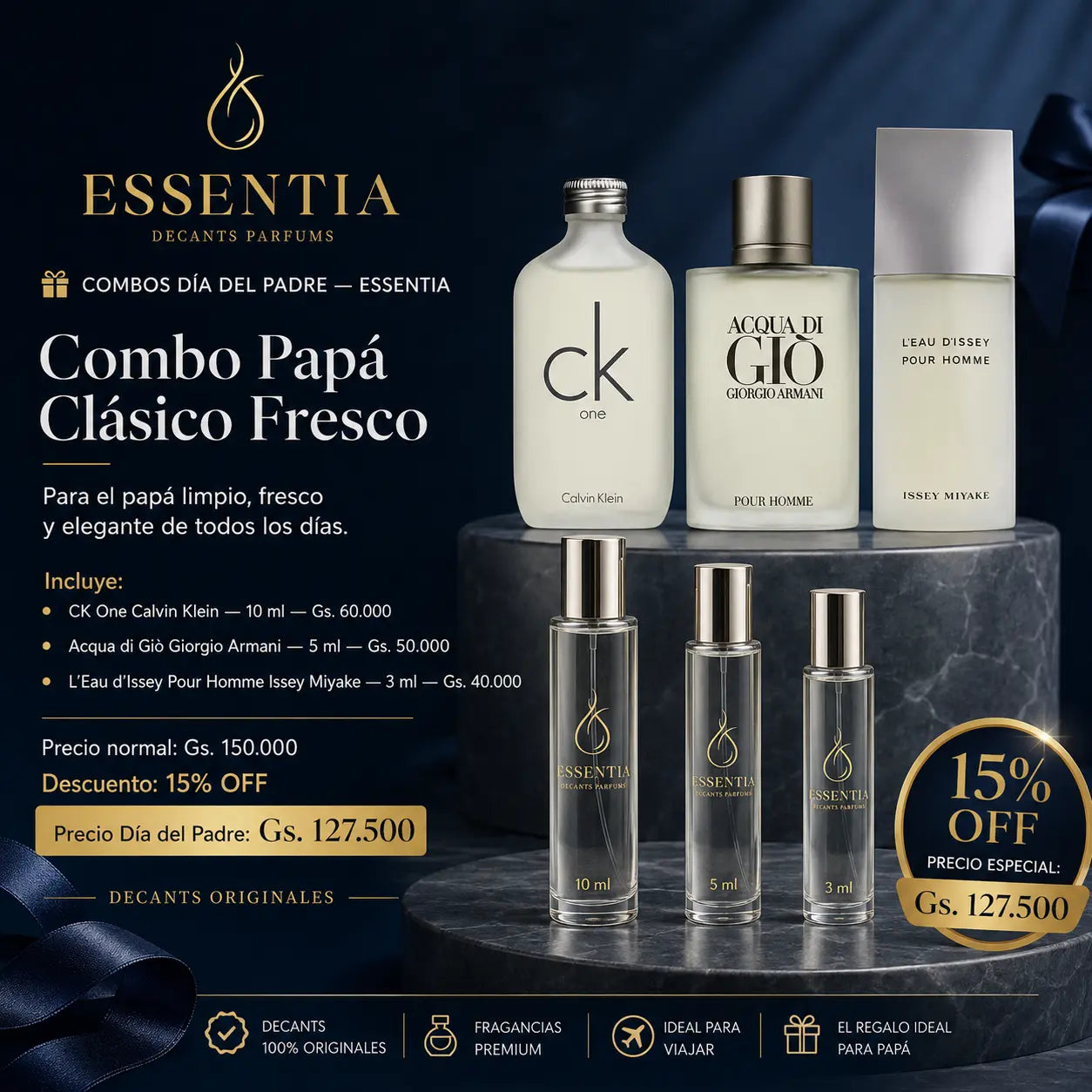 Combo Papá Clásico Fresco ESSENTIA con CK One, Acqua di Giò y L’Eau d’Issey en decants 10, 5 y 3 mililitros