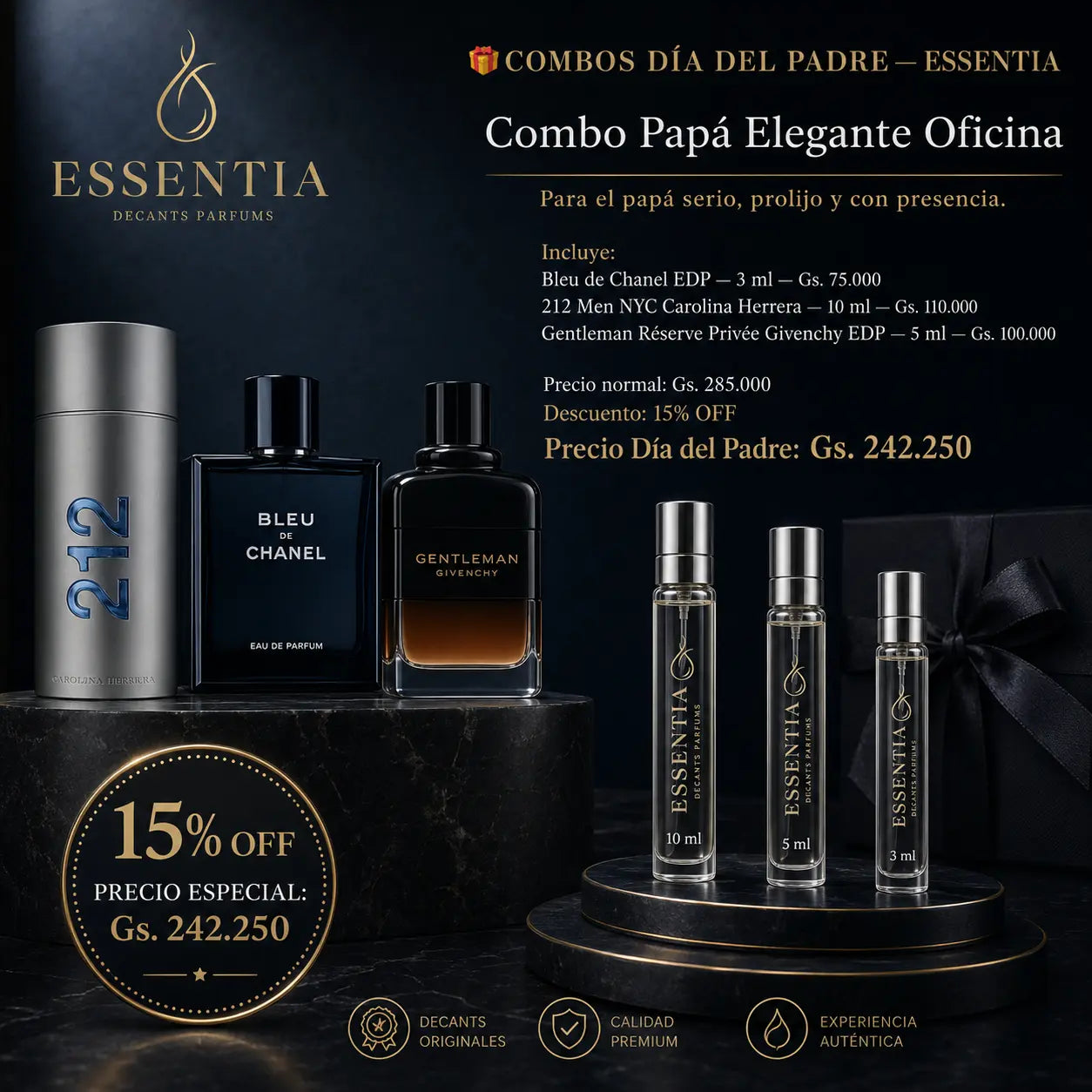 Combo Papá Elegante Oficina ESSENTIA con Bleu de Chanel, 212 Men NYC y Gentleman Réserve Privée en decants originales