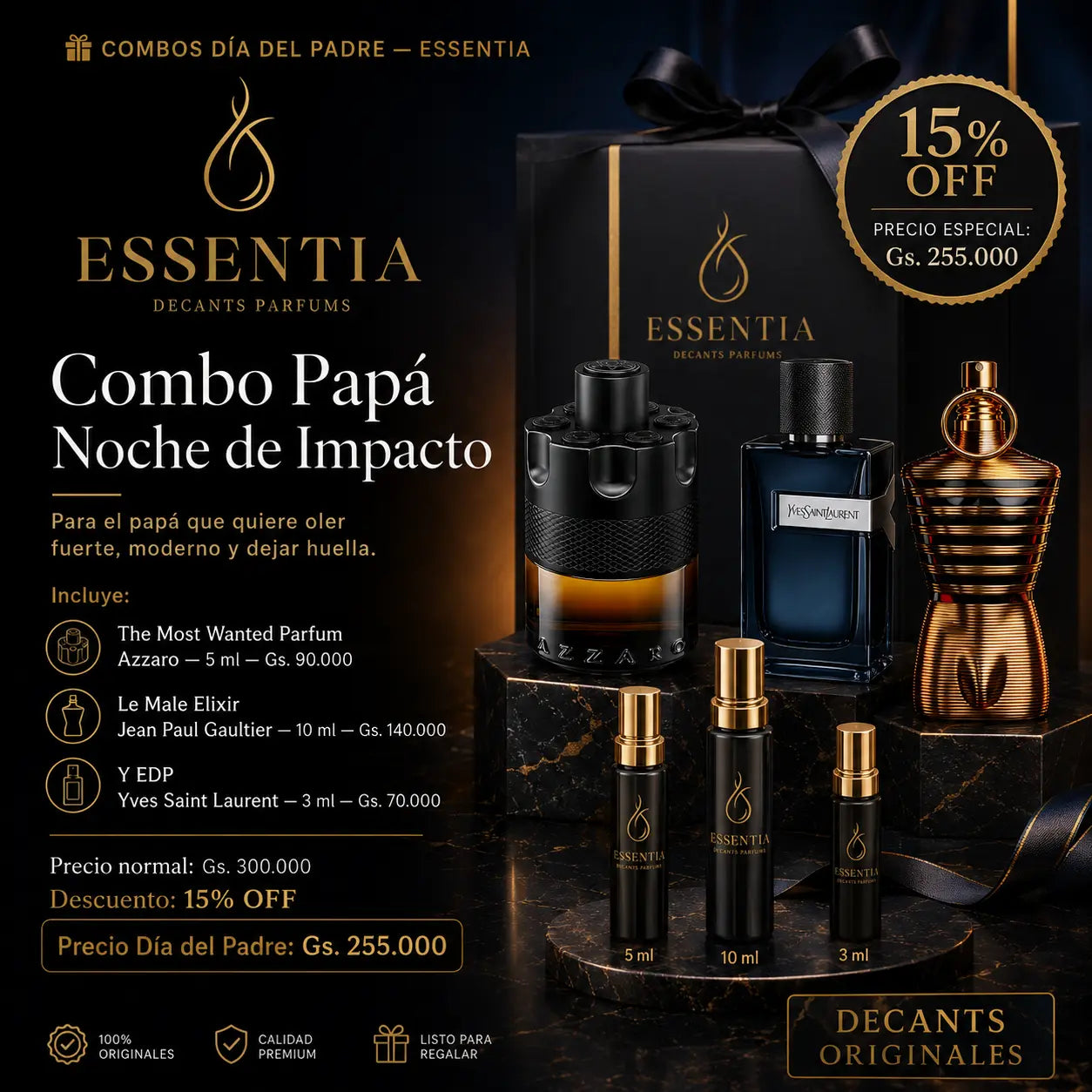 Combo Papá Noche de Impacto ESSENTIA con The Most Wanted, Le Male Elixir y Y EDP en decants originales