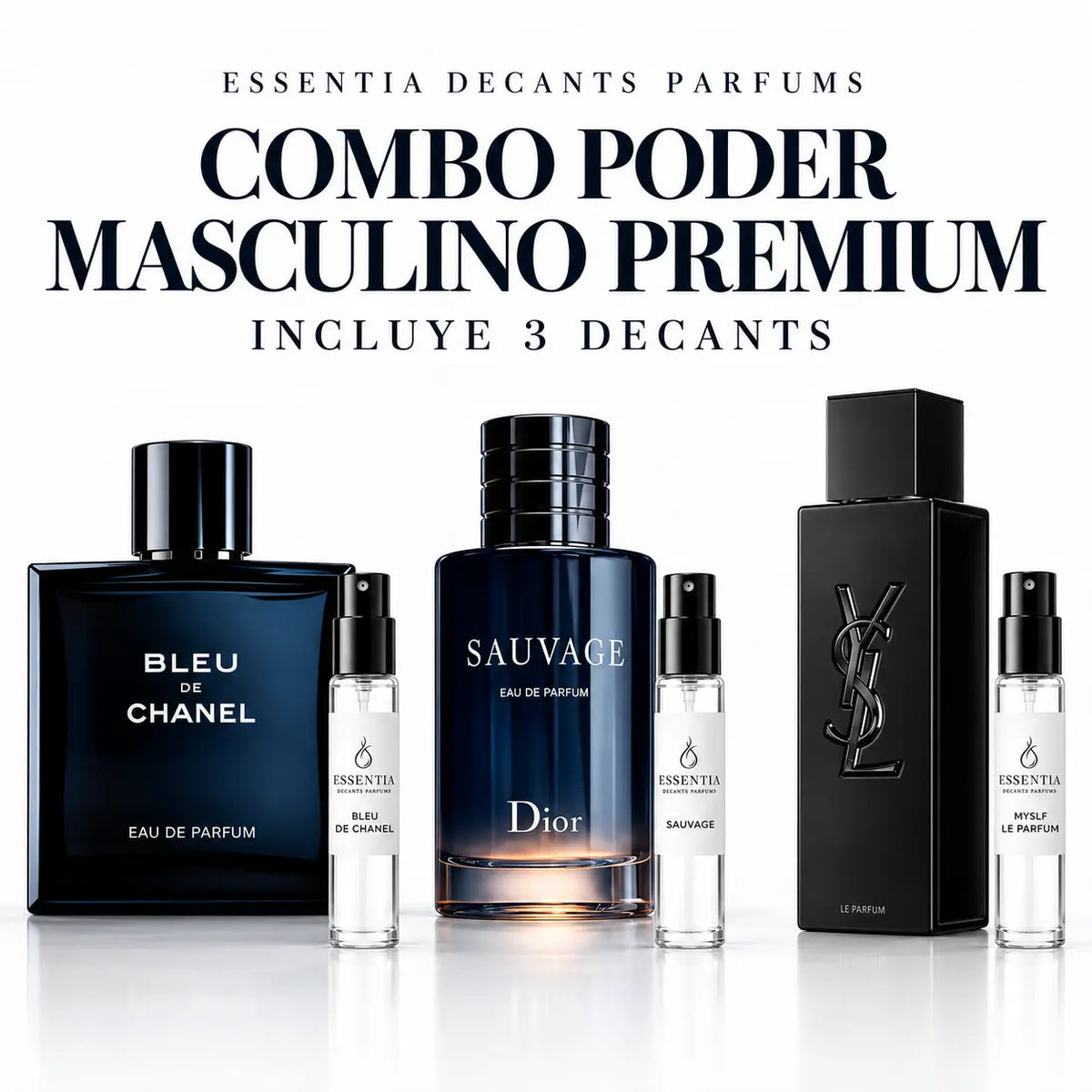 Combo Poder Masculino Premium con 3 decants masculinos originales: Bleu de Chanel EDP, Sauvage EDP y MYSLF Le Parfum | ESSENTIA