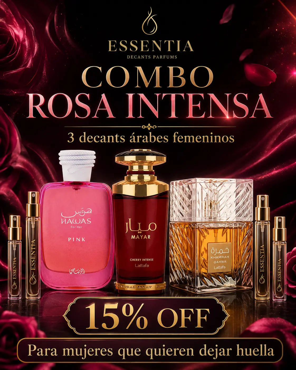 Combo Rosa Intensa de decants árabes femeninos ESSENTIA con Hawas Pink, Mayar Cherry Intense y Khamrah Qahwa