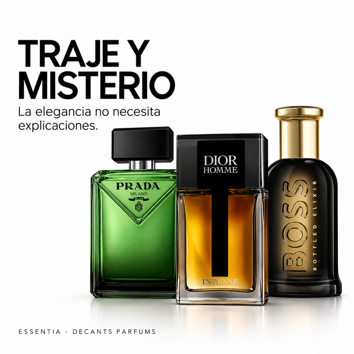 Combo Traje y Misterio ESSENTIA con Paradigme, Dior Homme Intense y Boss Bottled Elixir en fondo blanco