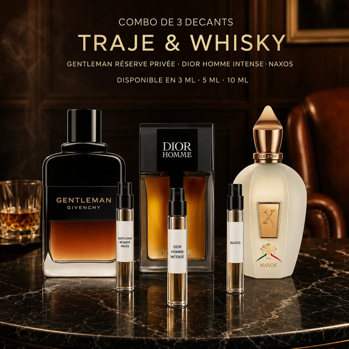 Combo Traje y Whisky: decants de Gentleman Réserve Privée, Dior Homme Intense y Xerjoff Naxos