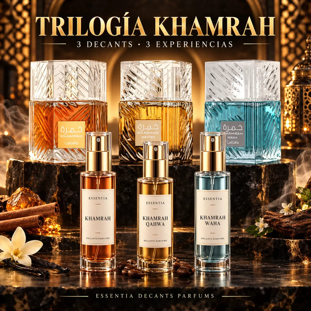 Trilogía Khamrah de Lattafa en 3 decants ESSENTIA: Khamrah, Khamrah Qahwa y Khamrah Waha