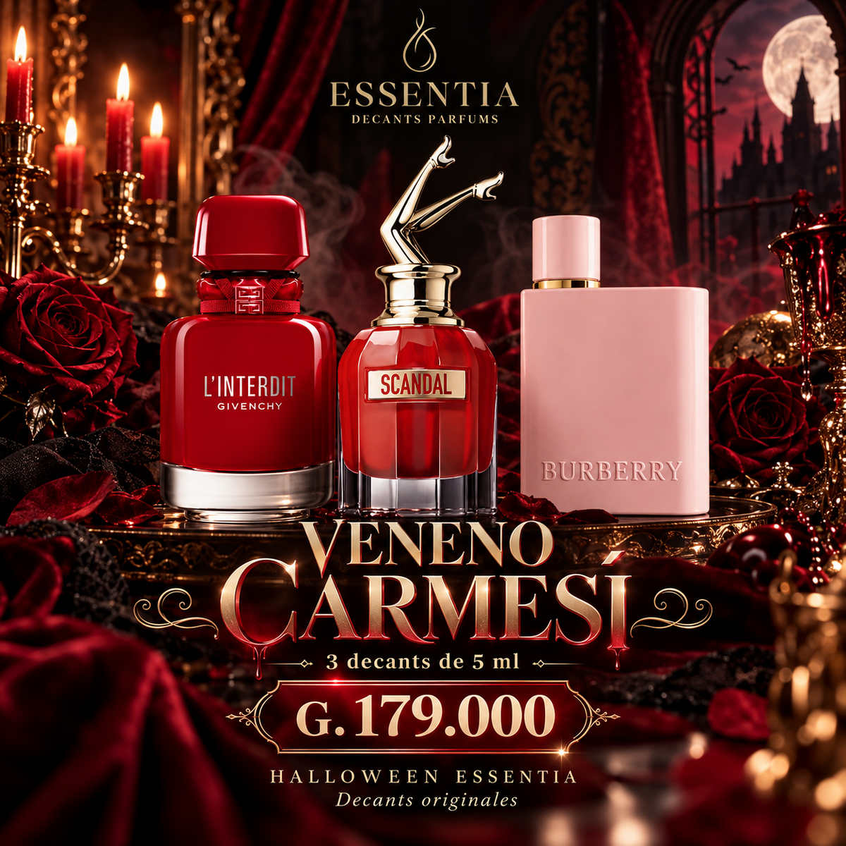 Combo Halloween Veneno Carmesí ESSENTIA: L’Interdit Rouge Ultime Givenchy, Scandal Le Parfum Jean Paul Gaultier y Burberry Her Elixir, tres decants originales de 5 ml