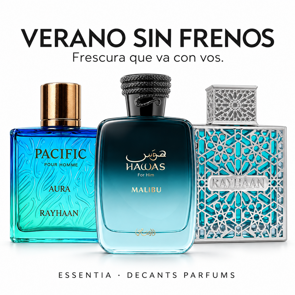 Combo Verano Sin Frenos ESSENTIA con Hawas Malibu, Aquatica y Pacific Aura en fondo blanco
