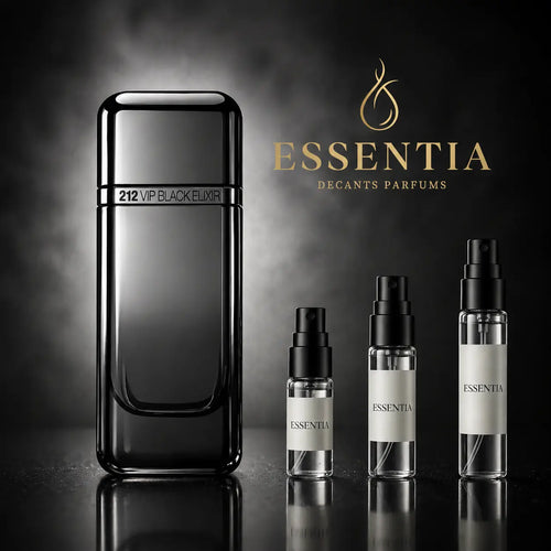 Decant 212 VIP Black Elixir Carolina Herrera con frascos ESSENTIA de 3ml, 5ml y 10ml en diseño elegante de perfumería premium.
