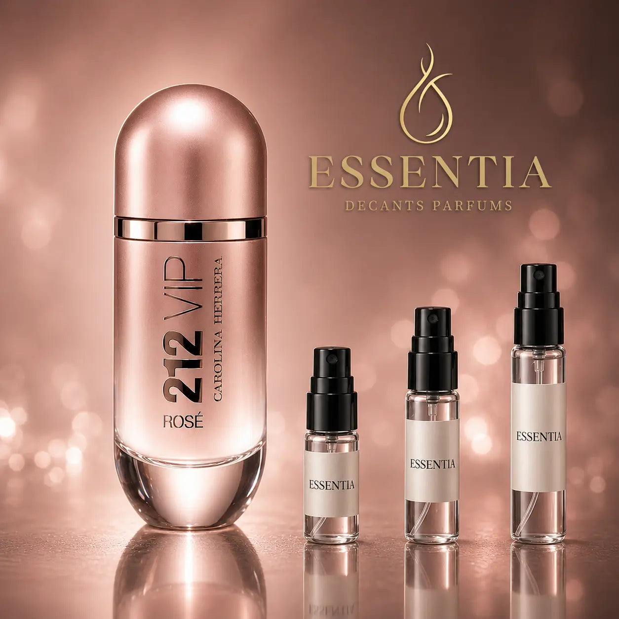 Decant 212 VIP Rosé Carolina Herrera con frascos ESSENTIA de 3ml, 5ml y 10ml en diseño rosado elegante de perfumería premium.