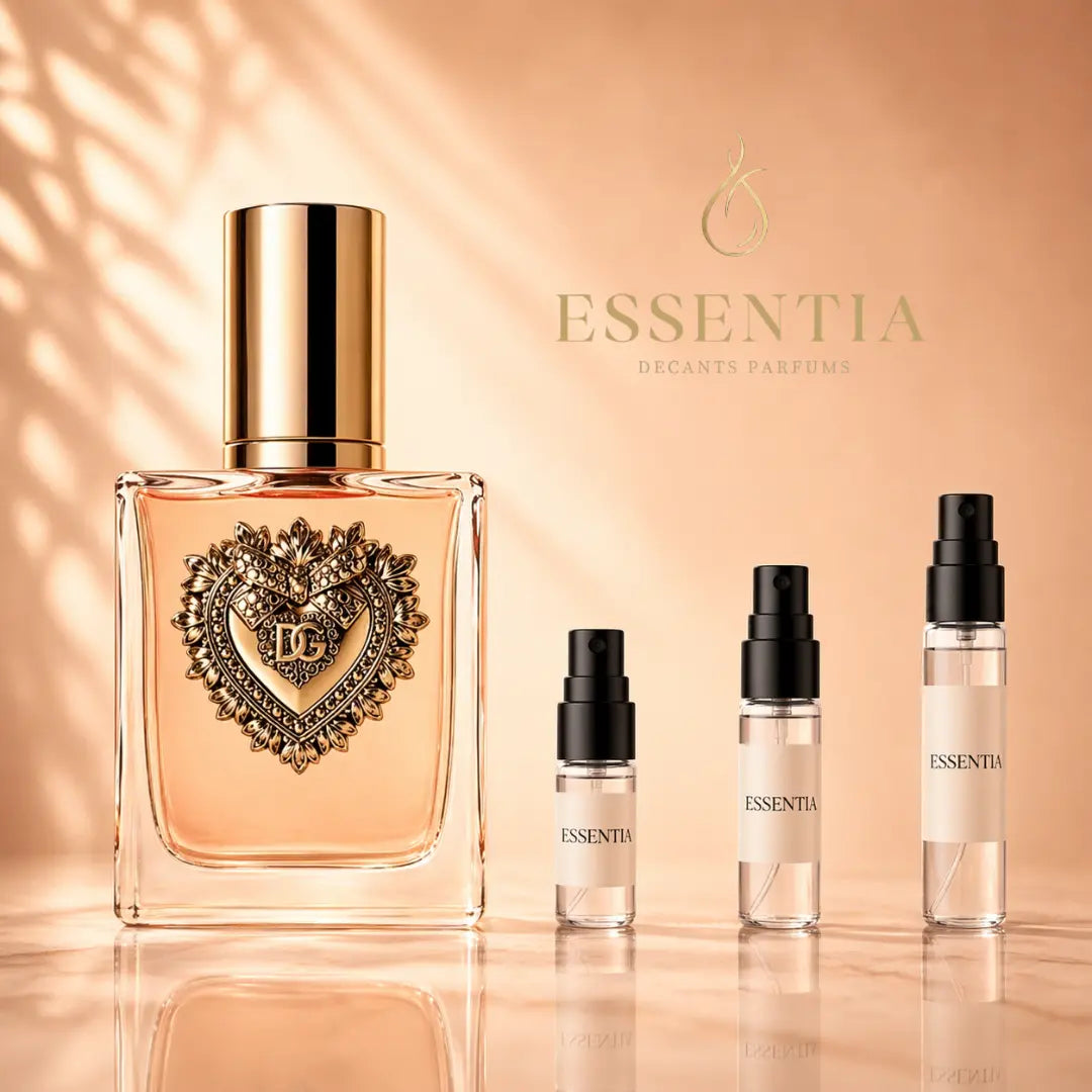Imagen de Devotion EDP de Dolce & Gabbana junto a las presentaciones de decant original ESSENTIA de 3ml, 5ml y 10ml.
