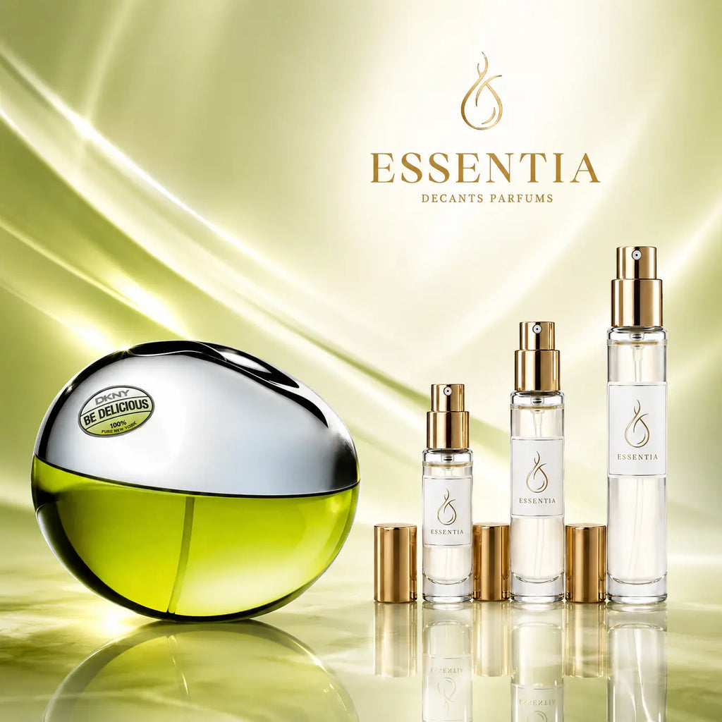 Decant original de DKNY Be Delicious Donna Karan en ESSENTIA Paraguay, perfume femenino fresco y frutal con manzana verde, pepino, flores, sándalo y almizcle.