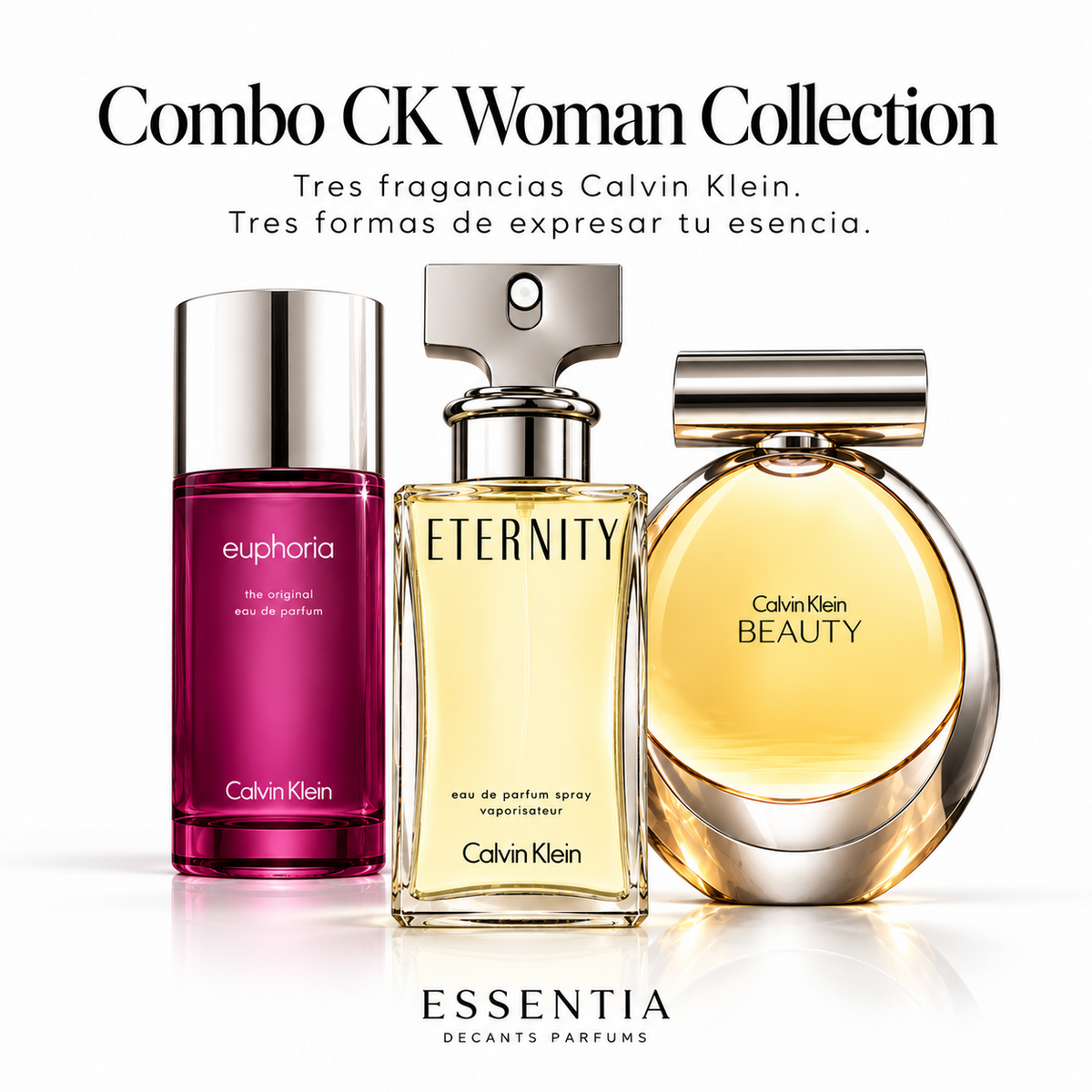Combo CK Woman Collection con Euphoria EDP, Eternity for Women EDP y Beauty EDP Calvin Klein para ESSENTIA
