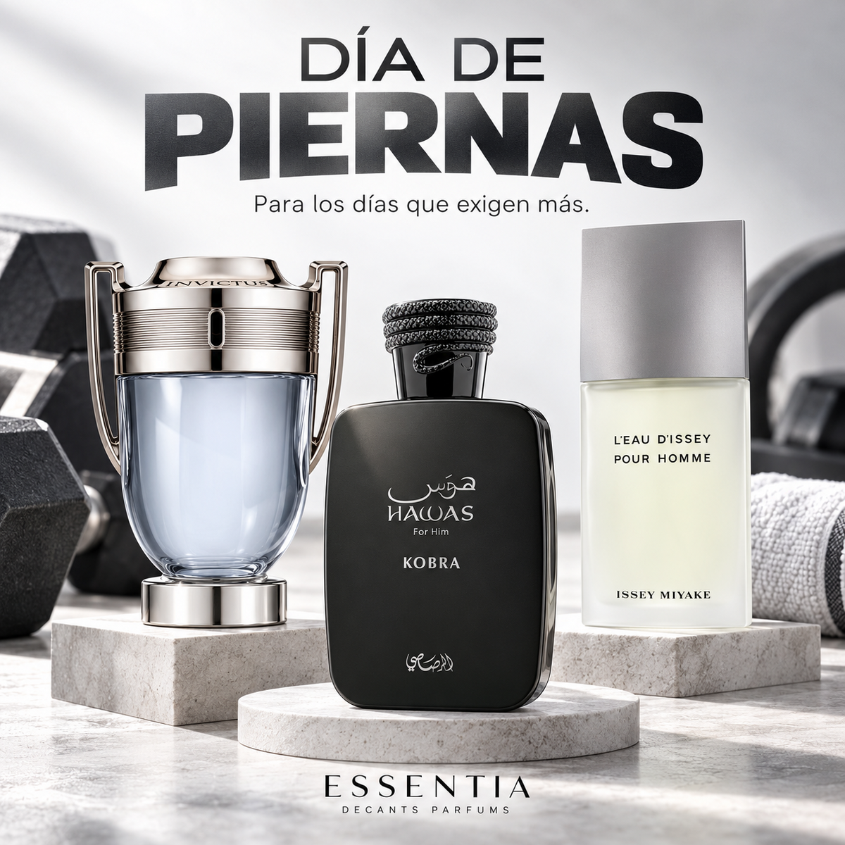 Combo Día de Piernas ESSENTIA con Invictus EDT, Hawas Kobra EDP, L'Eau d'Issey Pour Homme EDT