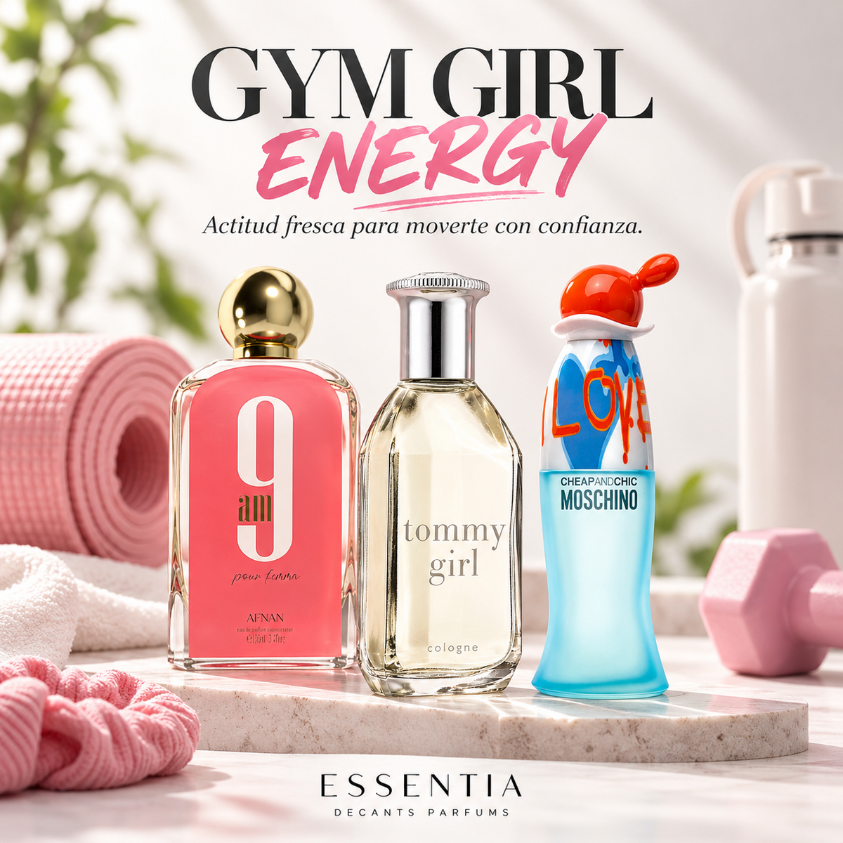 Combo Gym Girl Energy ESSENTIA con 9AM Pour Femme EDP, Tommy Girl EDT, I Love Love EDT