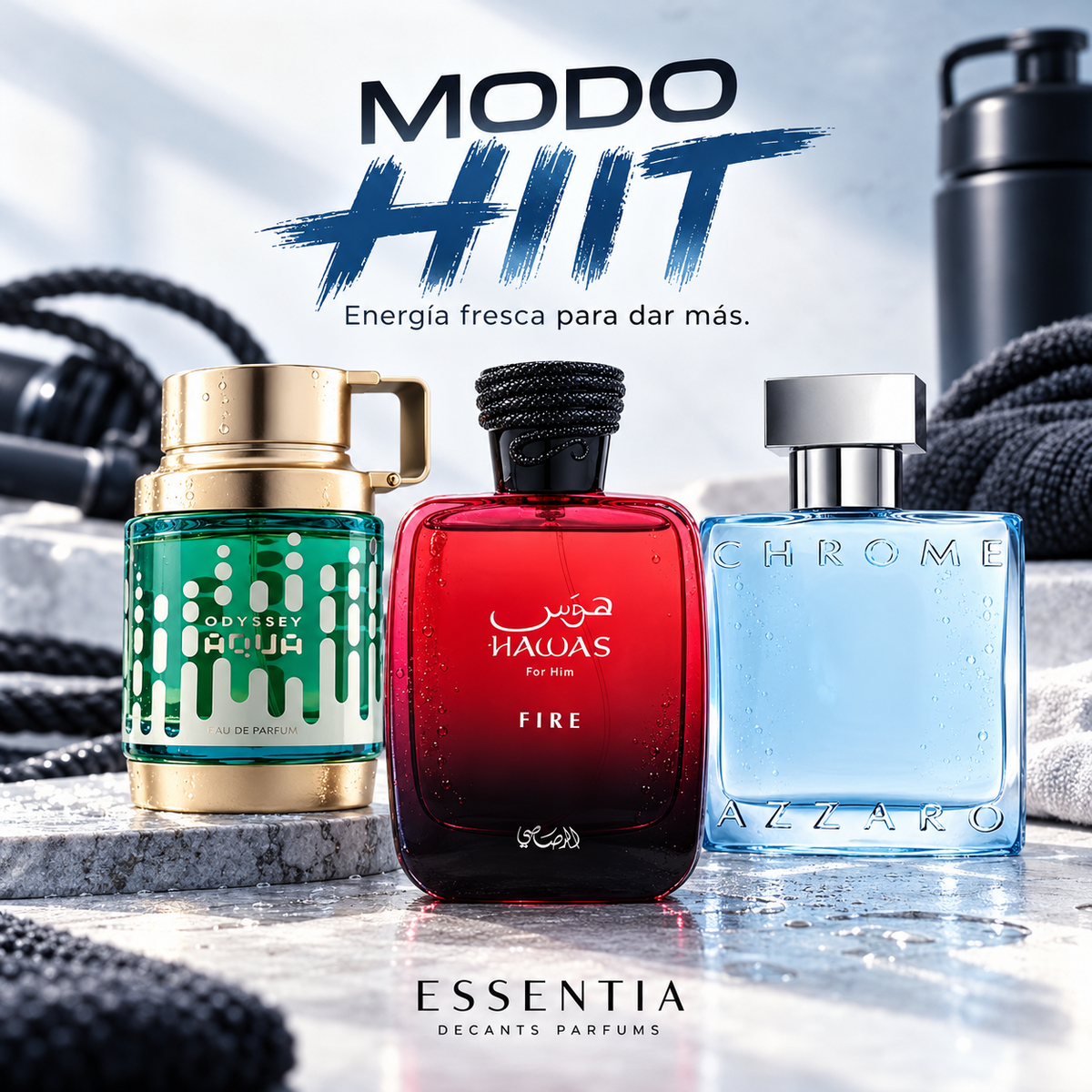 Combo Modo HIIT ESSENTIA con Odyssey Aqua Edition EDP, Hawas Fire EDP, Chrome EDT
