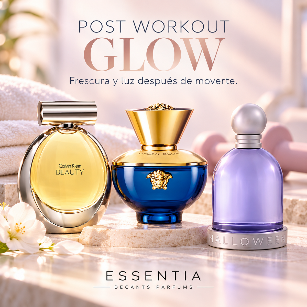 Combo Post Workout Glow ESSENTIA con Beauty EDP, Versace Pour Femme Dylan Blue EDP, Halloween Dama EDT