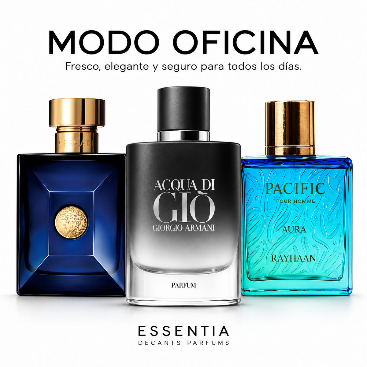 Combo Modo Oficina ESSENTIA: Acqua di Giò Parfum, Versace Dylan Blue y Rayhaan Pacific Aura, tres decants masculinos originales