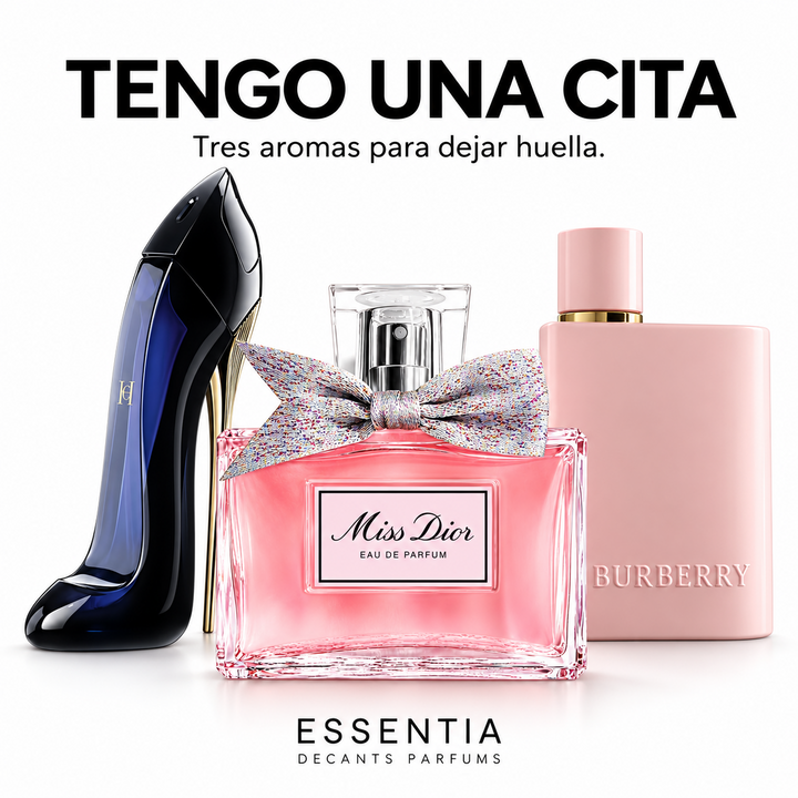 Combo Tengo una Cita ESSENTIA: Miss Dior EDP, Good Girl EDP Carolina Herrera y Burberry Her Elixir, tres decants femeninos originales