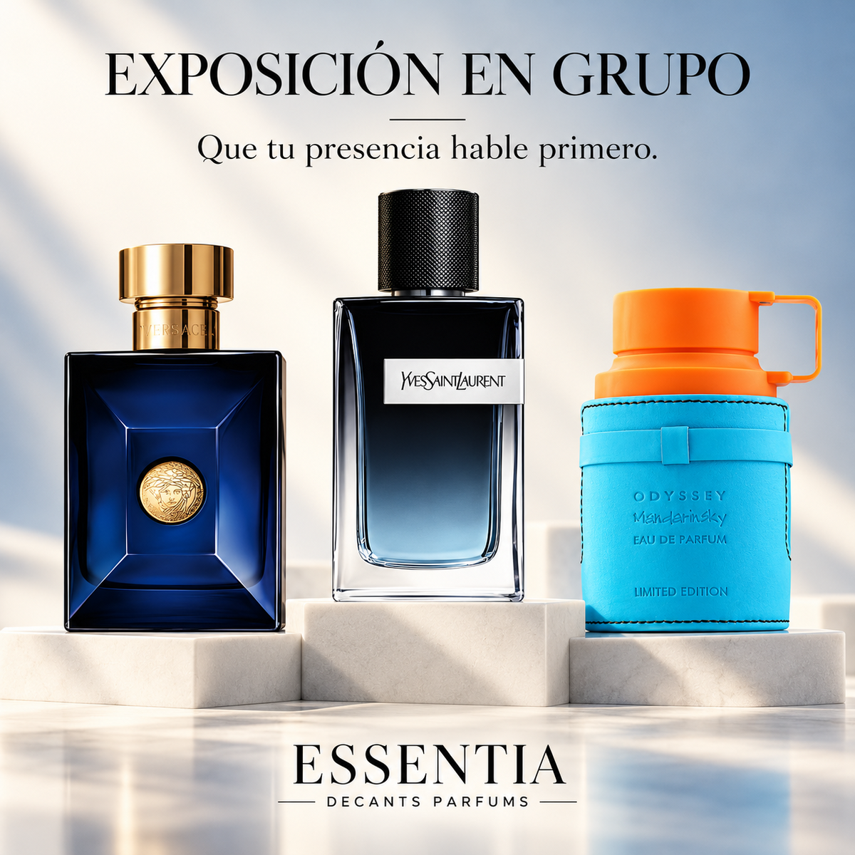 Combo Exposición en Grupo ESSENTIA con Versace Dylan Blue, Y Yves Saint Laurent y Odyssey Mandarin Sky