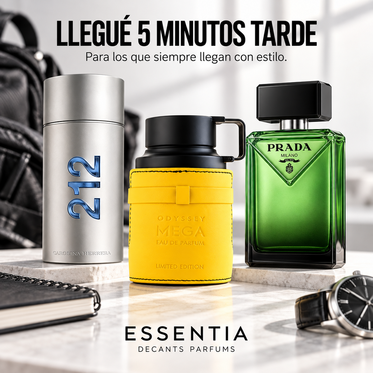 Combo Llegué 5 Minutos Tarde ESSENTIA con 212 Men, Odyssey Mega Man y Paradigme Prada