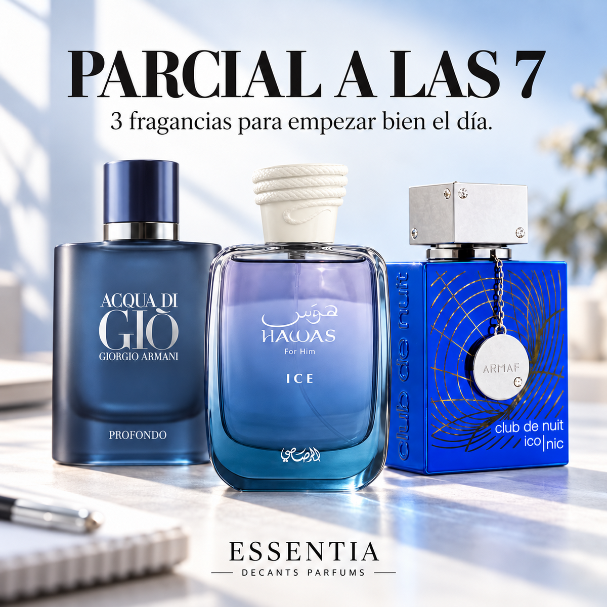 Combo Parcial a las 7 ESSENTIA con Acqua di Giò Profondo, Hawas Ice y Club de Nuit Blue Iconic