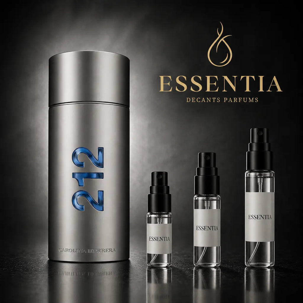 Imagen publicitaria de ESSENTIA con perfume 212 Men NYC de Carolina Herrera, tres decants originales y logo dorado sobre fondo oscuro premium.