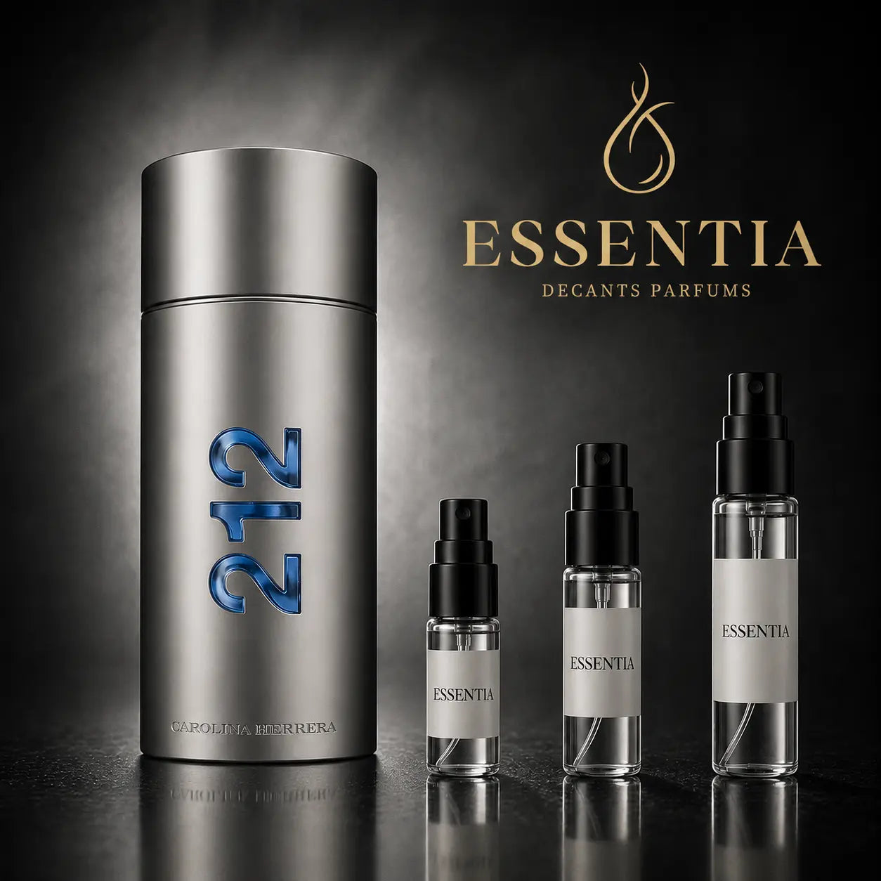 Imagen publicitaria de ESSENTIA con perfume 212 Men NYC de Carolina Herrera, tres decants originales y logo dorado sobre fondo oscuro premium.