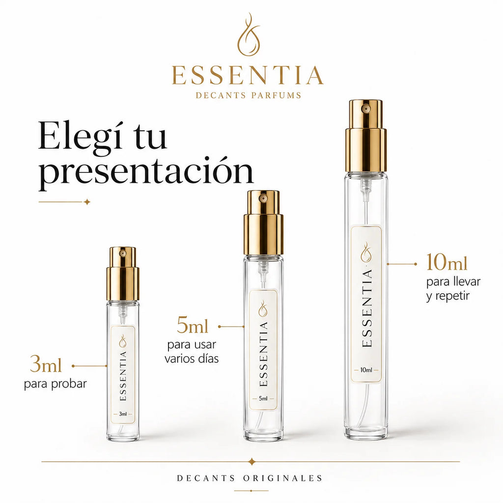 Imagen informativa de ESSENTIA Decants Originales mostrando tres presentaciones de decants de perfume en frascos de 3ml, 5ml y 10ml, con tapa dorada y fondo blanco elegante.