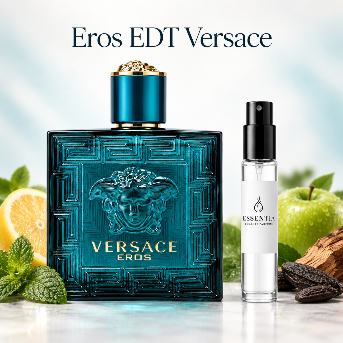 Eros EDT Versace — decant ESSENTIA con menta, limón, manzana verde, haba tonka y cedro