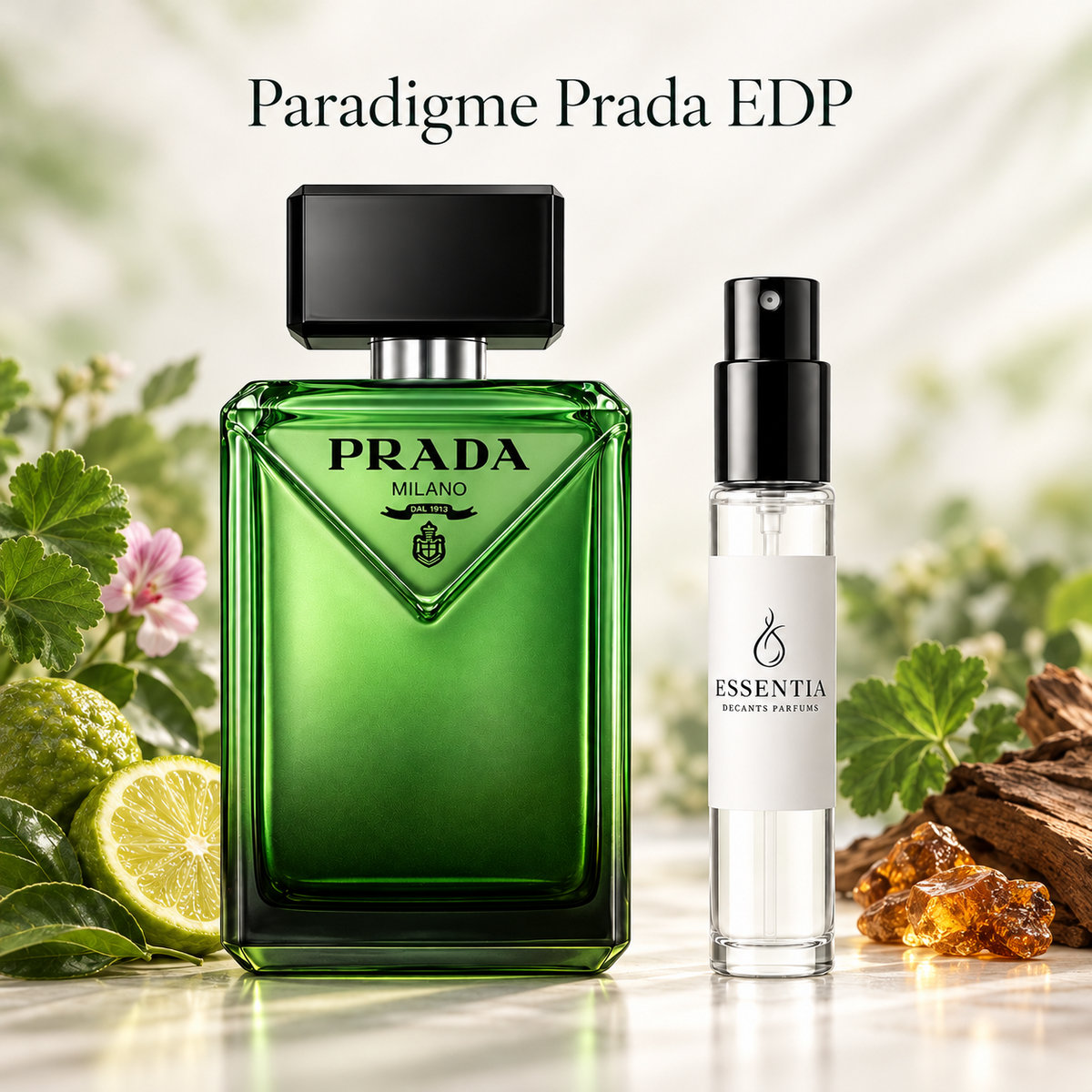 Prada Paradigme EDP original junto al decant ESSENTIA Decants Parfums, perfume para hombre en Paraguay
