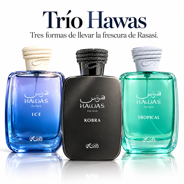 Trío Hawas Rasasi Ice Kobra Tropical - ESSENTIA Decants Parfums