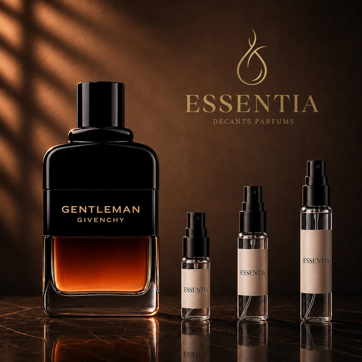 Gentleman Réserve Privée Givenchy EDP en decant original para hombre, perfume masculino elegante con notas de bergamota, whisky, castaña, iris, benjuí, cedro, vetiver y pachulí disponible en ESSENTIA Paraguay.