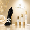 Imagen premium de Good Girl Jasmine Absolute Carolina Herrera junto a decants ESSENTIA de 3 ml, 5 ml y 10 ml sobre fondo dorado elegante, ideal para catálogo de perfumes originales.