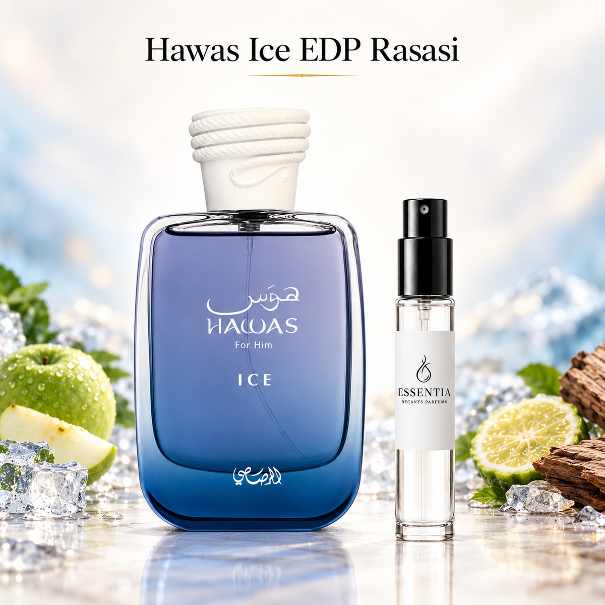 Hawas Ice EDP Rasasi con decant original ESSENTIA disponible en Paraguay