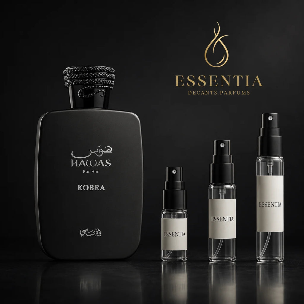 Hawas Kobra Rasasi en decant original ESSENTIA, perfume original junto a frascos de decant en presentaciones de 3ml, 5ml y 10ml.