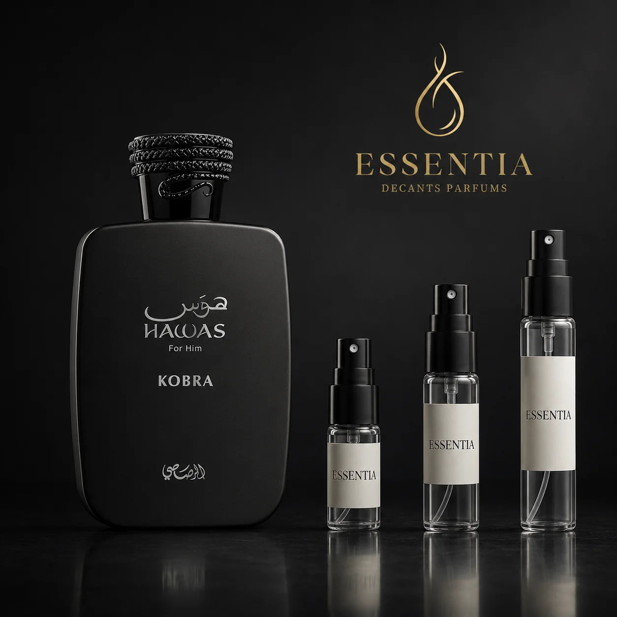 Hawas Kobra Rasasi en decant original ESSENTIA, perfume original junto a frascos de decant en presentaciones de 3ml, 5ml y 10ml.