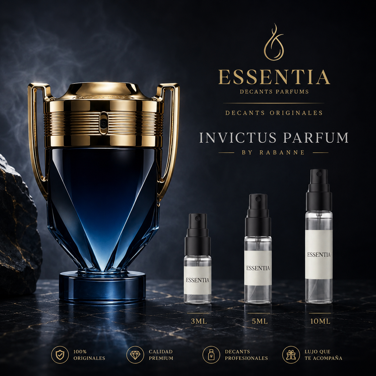 Imagen de Invictus Parfum de Rabanne junto a las presentaciones de decant original ESSENTIA de 3ml, 5ml y 10ml.