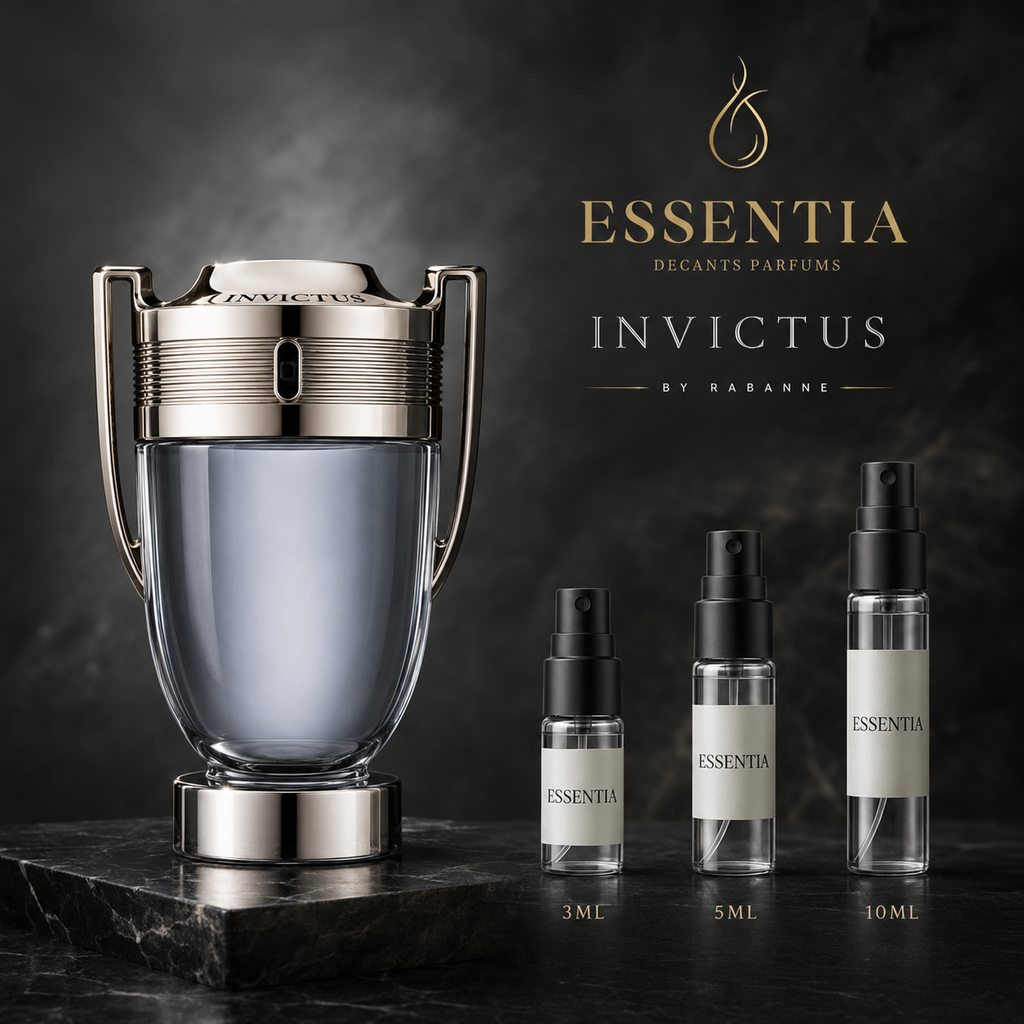 Imagen de Invictus EDT de Rabanne junto a las presentaciones de decant original ESSENTIA de 3ml, 5ml y 10ml.