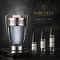 Imagen de Invictus EDT de Rabanne junto a las presentaciones de decant original ESSENTIA de 3ml, 5ml y 10ml.