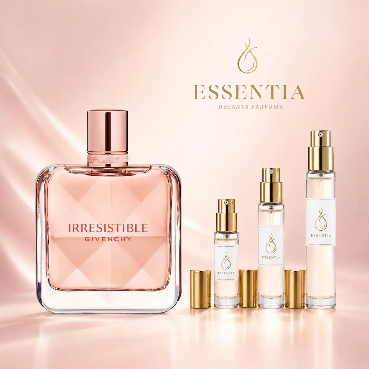 Decant original de Irresistible Eau de Toilette Givenchy en ESSENTIA Paraguay, perfume femenino floral fresco con rosa, iris, cedro y almizcle blanco.