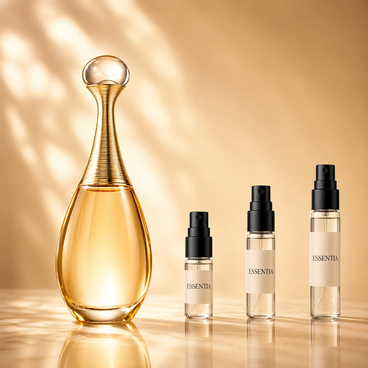 J’adore Dior perfume femenino floral junto a decants ESSENTIA de 3 ml, 5 ml y 10 ml.