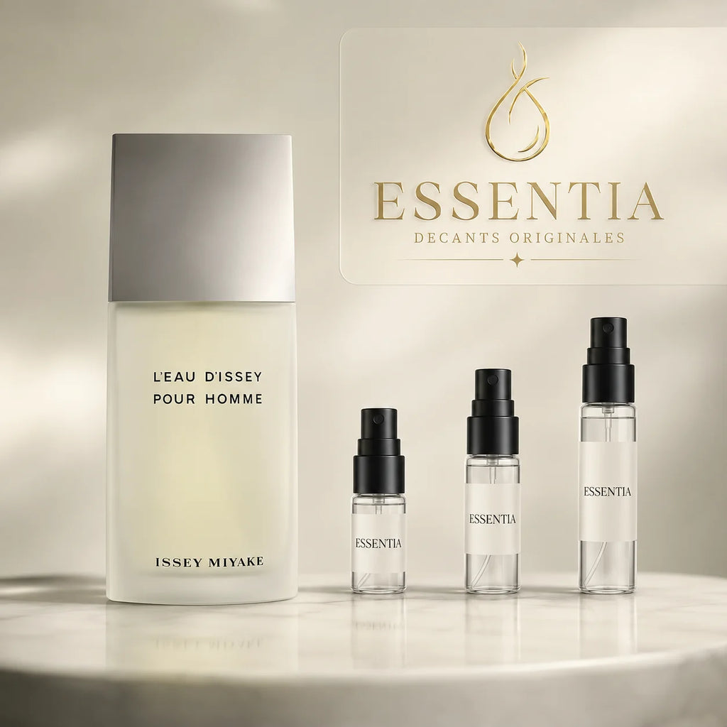 L'Eau d'Issey Pour Homme Issey Miyake en decant original ESSENTIA, perfume original junto a frascos de decant en presentaciones de 3ml, 5ml y 10ml.