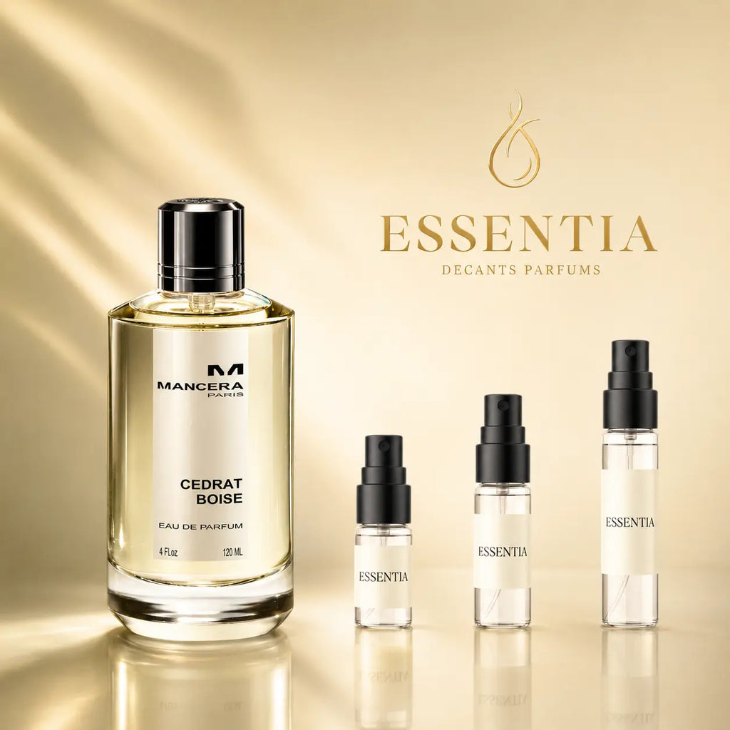 Perfume Mancera Cedrat Boise junto a presentaciones de decant ESSENTIA de 3 ml, 5 ml y 10 ml en Paraguay.